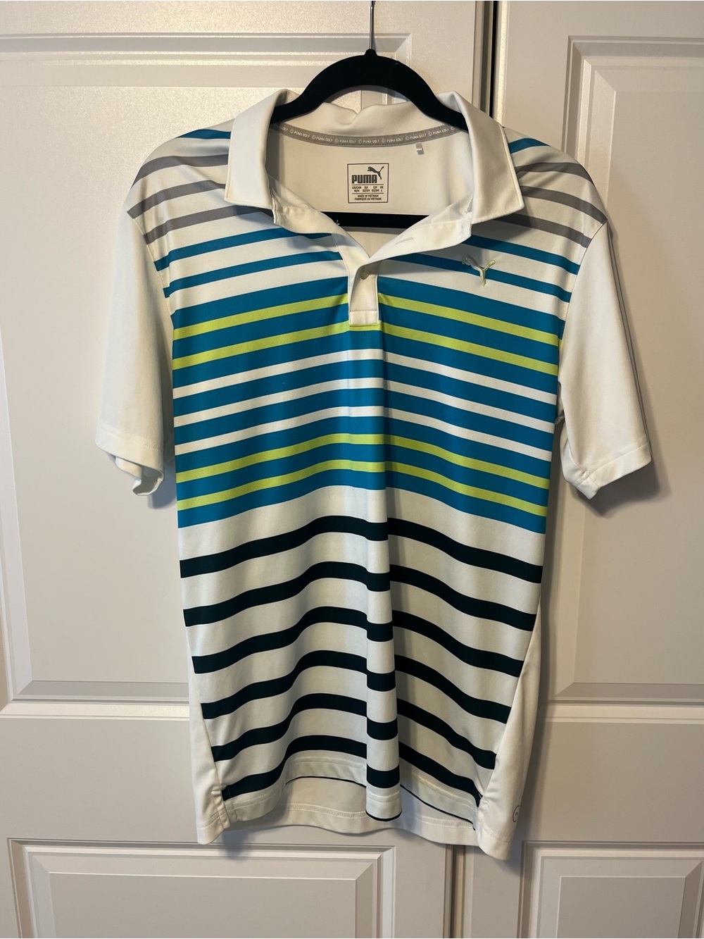 Puma White golf  Polo with Blue, Teal & Lime Stripes-M